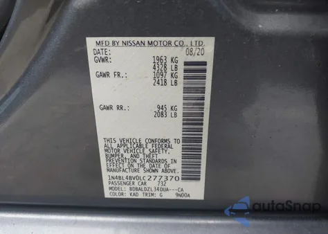 2020 Nissan Altima S Fwd из США, поврежденный, VIN 1N4BL4BV0LC277370